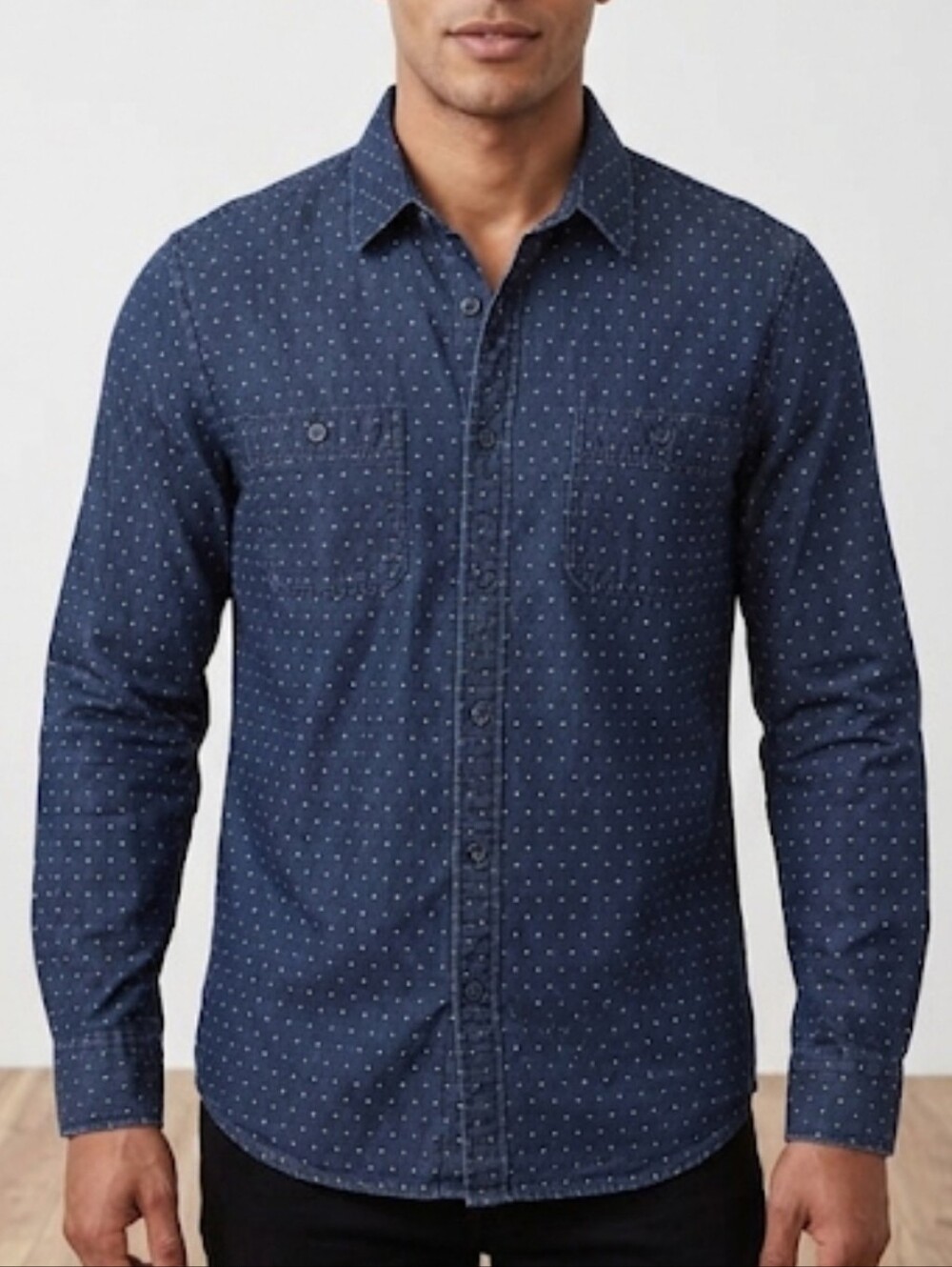 Express Men Navy Dot Long-Sleeve Button Down Shirt, Dark Chambray S 100% COTTON